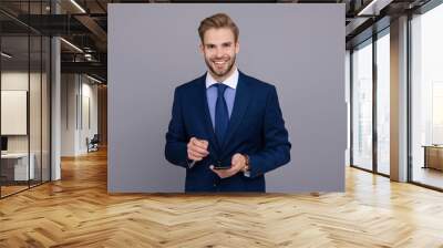 E-document signature. Businessman electronic signature with stylus. Man signing contract on phone. Business technology. E-signing mobile app. Businessman sign an electronic document. Digitalization Wall mural