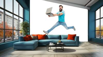 Energetic guy computer user. Bearded guy jumping with laptop. Excited guy midair isolated on white Wall mural