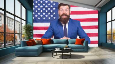 Freedom is independence. Happy businessman celebrate Independence day. Bearded man on american flag background. Independence day. July 4th. Nations independence. Forever free Wall mural