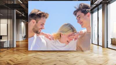 Friendship relations. Friend zone concept. Happy together. Cheerful friends. People outdoors. Happy woman and two men. Member friendship wishes to enter into romantic relationship. Friendship love Wall mural