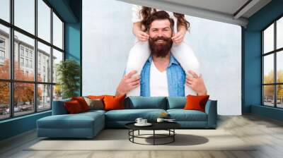 Fun time together. Child and dad best friends. Friendly relations. Fathers day concept. Happy to be father. Father and daughter having fun. Playing with mustache. Celebrate holiday. Cheerful father Wall mural