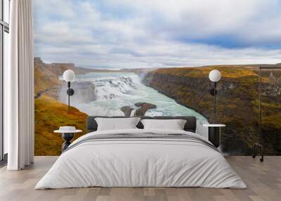 Gullfoss waterfall route and people. Icelandic mountain nature landscape. Waterfall landscape. Nature wildness. Iceland waterfall travel destination. Picturesque Gullfoss waterfall. Travel to Iceland Wall mural