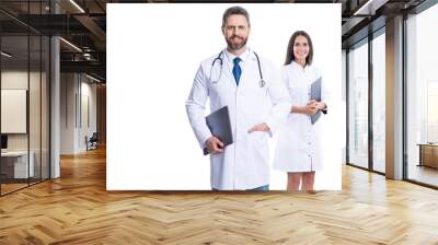 Health insurance. healthcare and medicine. Medicine doctor hold clipboard. medical and healthcare workers in hospital isolated on white. two doctors internist in medicine service. advertisement Wall mural