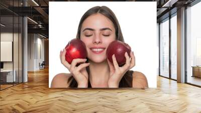 Healthy lifestyle diet. Caucasian woman biting fresh apple isolated on white. Healthy food vitamin. Natural organic products. Skincare and diet. Young woman dieting. Apple detox. Daily Vitamin Intake Wall mural