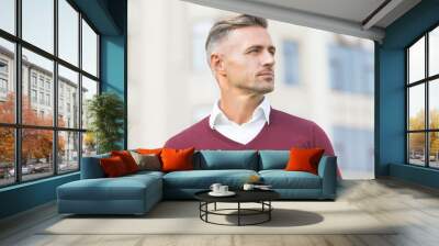 Intellectual work. Man stylish hairstyle. Male face. Businessman concept. Attractive mature man. Mature man grey hair and bristle outdoors. Predict developments. Lost in thoughts. Cognitive process Wall mural