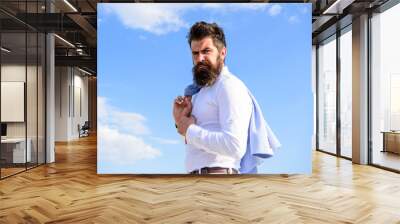 Male fashion. Man bearded hipster white formal clothes looks sharp sky background. Fashionable outfit stylish appearance. Hipster with beard and mustache looks attractive fashionable white shirt Wall mural