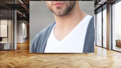 Man with cropped view. Casual male style. Skin skincare. Cropped view of man outdoor. Unshaven man portrait. Casual style of man. Guy has unshaven beard. Male chin Wall mural