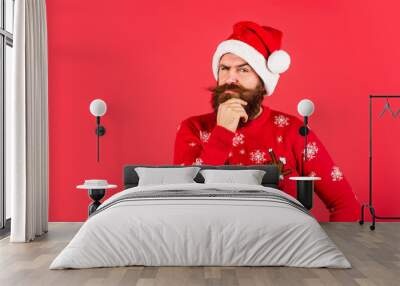 Promoting good ideas. Stunning and Unique. Winter holiday fun. Hipster with mustache winter sweater. New year party. Stay warm in new home this winter. Christmas time. Bearded man santa hat Wall mural