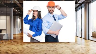 Safety business. Data protection. Supervisor engineer with blueprint. Plan construction project. Architect planning work. Chief engineer and architect in hardhat isolated on white. Discussing content Wall mural