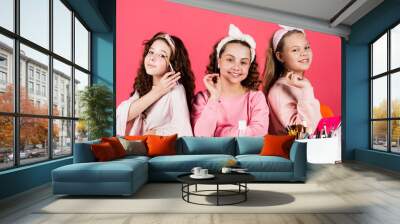 smiling girls friends have fun on spa beauty salon party. beauty portrait of three children with natural make up and healthy skin. happy childrens day. friends with happy face. retro style beauty Wall mural