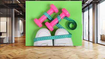 Sport shoes and equipment for healthy shape. Centimeter on trainers Wall mural