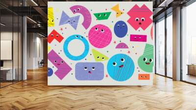 Geometric character shapes with facial emotions, different cartoon basic characters. Cute colorful shapes, trendy colors, hand-drawn textures, and vector illustrations for children's education. Wall mural