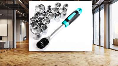 Tools for repair and construction. Main advantage of heads used to unwind or tighten nuts and bolts hard to reach places. Home improvement tools concept. Shop for ratchets and sockets in hand tools Wall mural