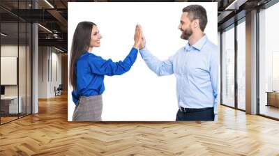 two businesspeople give high five after contract deal. successful agreement in business deal. businesspeople dealing isolated on white. partnership concept. business deal. good deal Wall mural