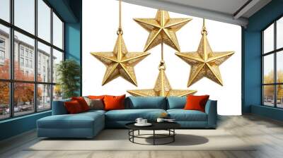 golden Christmas decoration stars hanging cut out. Isolated on Transparent background. Copy space. Wall mural