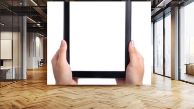 hands holding black digital tablet Mockup with white screen cut out. isolated on transparent background. Copy space. Wall mural