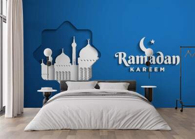 Ramadan Kareem Background with White Mosque. Vector Illustration. Wall mural