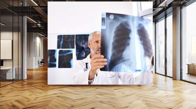 Xray, radiology and healthcare with doctor in hospital for medicine, results and tumor detection. Medical, insurance and lung cancer with mature man and scan for pneumonia or disease screening Wall mural