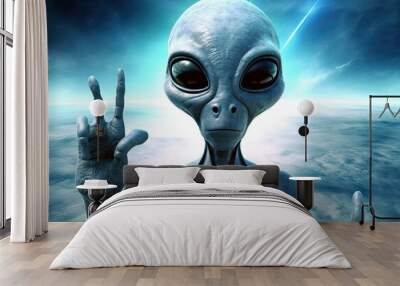 Happy space alien showing a peace sign  Wall mural