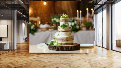 Beautiful multi level naked wedding cake, decorated with cream and fresh flowers, greenery. Delicious dessert at wedding banquet standing on wooden plate Wall mural