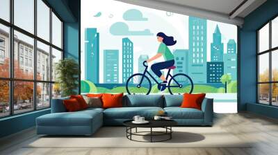 Girl dressed in t-shirt and tight pants riding a bicycle through the city. Color vector illustration in flat style. Wall mural