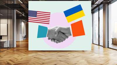 A collage of contemporary art. Two hands with American and Ukrainian flags shaking each other Wall mural