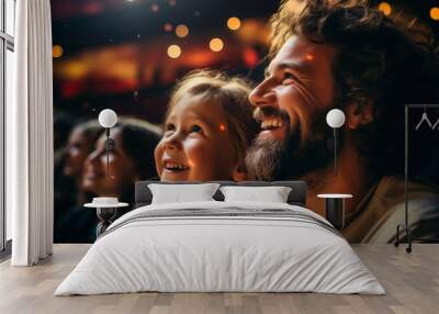 A Man and Two Children Smiling While Watching a Movie Wall mural