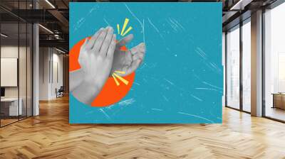 Art collage, clapping palms on blue background with space for text. Wall mural