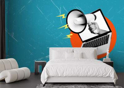 Art collage, laptop, and megaphone on blue background with copy space. Wall mural