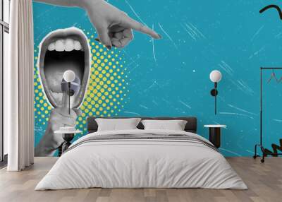 Art collage, open mouth shouting into a microphone with room for lyrics. Wall mural