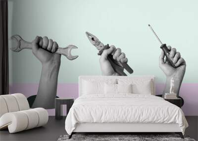 Art collage of hands with tools on a surrealistic background. Wall mural