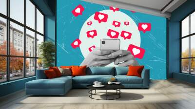 Contemporary art collage artwork featuring a hand holding a modern phone, heart social media badge. Wall mural