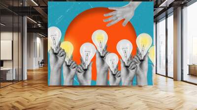 Illuminating ideas as hands reach for light bulbs against a vibrant backdrop representing creativity and innovation opportunities Wall mural