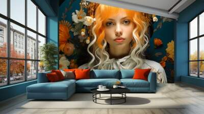 Portrait of a beautiful surprised red-haired girl with waving curly hair. Wall mural