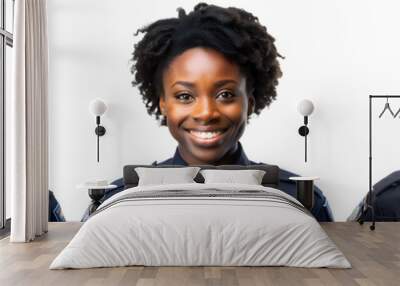 Portrait of a black women police officer on a white background. Concept of law and order. Wall mural