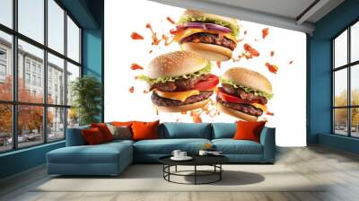 Grill burger, realistic 3d burgers falling in the air, grilled meat collection, ultra realistic, icon, falling, flying, detailed, angle view food photo, burger composition | 空を飛ぶハンバーガー Wall mural