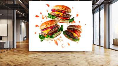 Grill burger, realistic 3d burgers falling in the air, grilled meat collection, ultra realistic, icon, falling, flying, detailed, angle view food photo, burger composition	 Wall mural