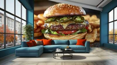 Jalapeño pepper burger with spicy jalapeños and melted cheese, presented on a plate, professional food photo with a close-up angle view showcasing vibrant colors and textures.

 Wall mural