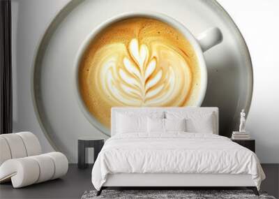 Latte art coffee in white cup, top view on white background

 Wall mural