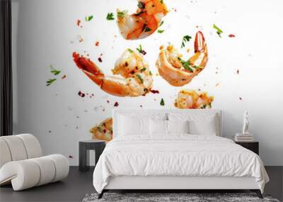 Shrimps seasoned with herbs and spices in mid-air, white background, dynamic food photography

 Wall mural