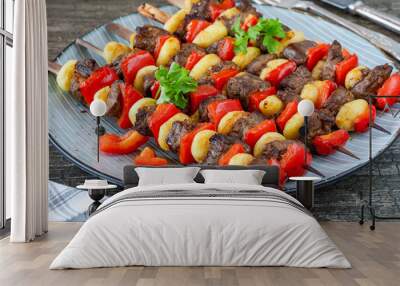 Grilled gnocchi, steak and red pepper skewers Wall mural