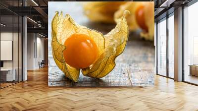 Physalis fruit (Physalis Peruviana) with husk on wooden background - closeup Wall mural