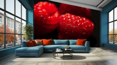 macro red raspberry on black background	 Wall mural