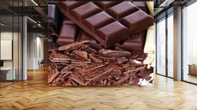 chocolate in diffrent color. milk, dark and white chocolate bars on table Wall mural