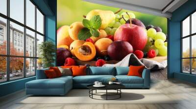 fresh summer fruits with apple, grapes, berries, pear and apricot Wall mural