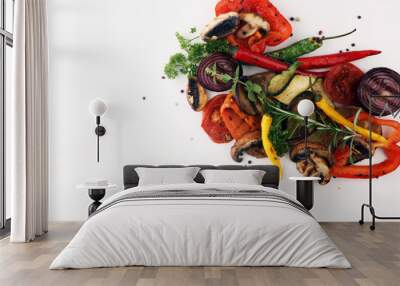 Grilled vegetables. Tomatoes, zucchini, bell pepper and fresh herbs. Wall mural