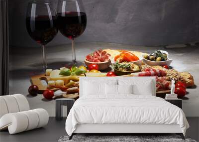 italian antipasti wine snacks set. cheese variety, mediterranean olives, crudo, prosciutto di parma, Wall mural