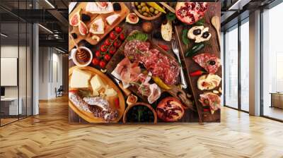 Italian antipasti wine snacks set. Cheese variety, Mediterranean olives, pickles, Prosciutto di Parma and salami Wall mural