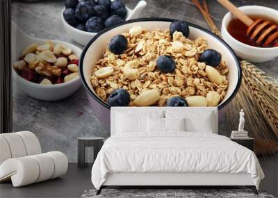 Oat flakes with milk, honey, blueberries, raspberries and nuts. Wall mural