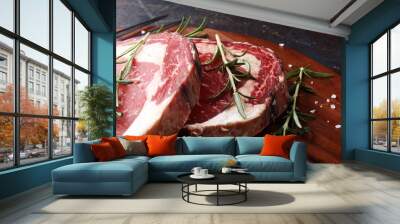 Raw fresh meat Ribeye Steak, seasoning and meat fork on rustic background Wall mural